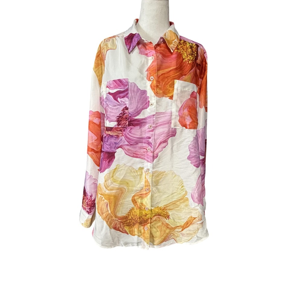 Anthropologie Shirt Womens XL Multicolor Floral Print Button Up Long Sleeve Top